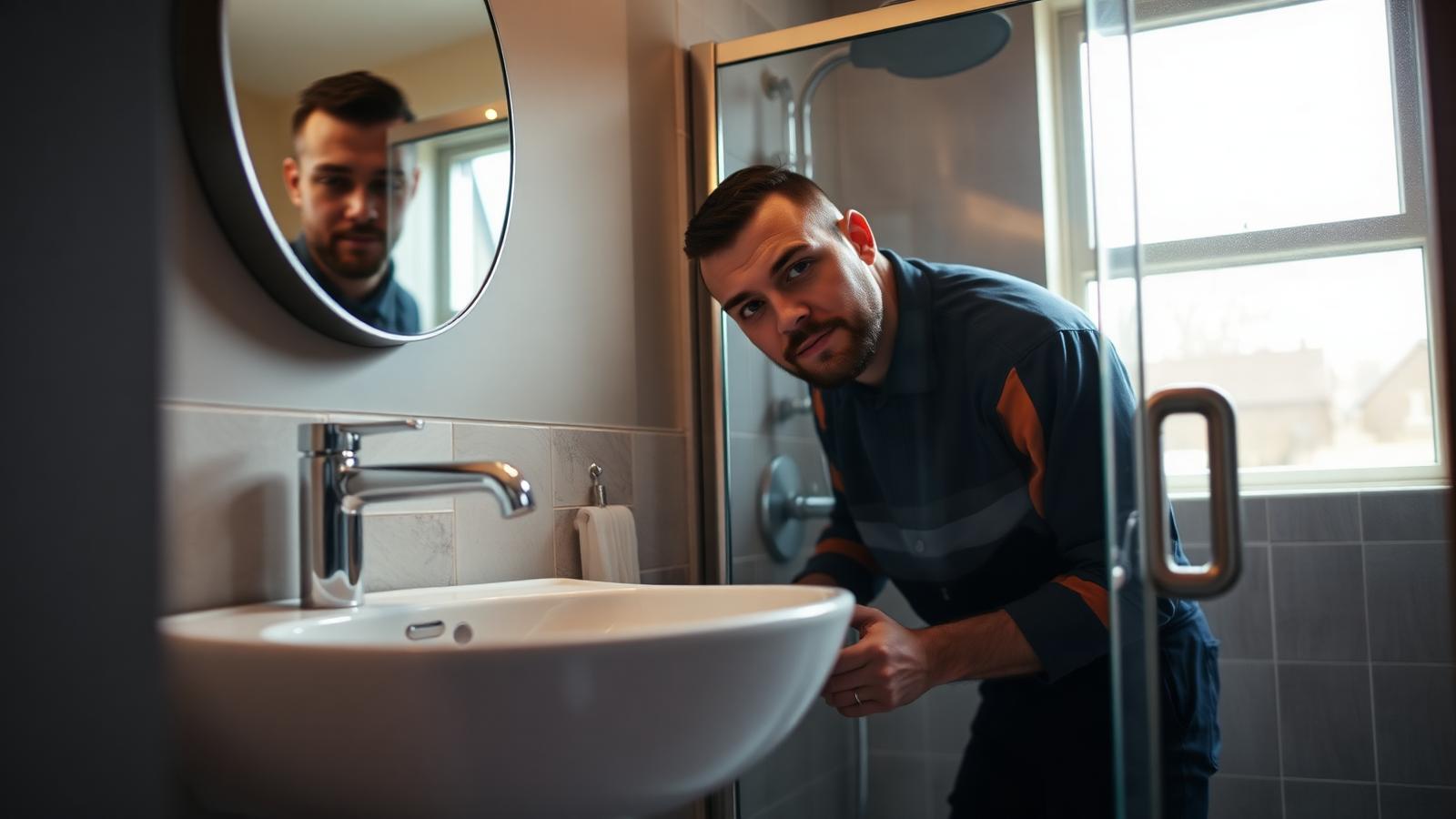 A bathroom fitter checking the pipework behind a newly installed basin