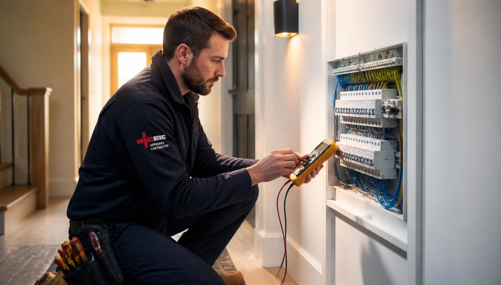 An electrician testing circuits at a domestic consumer unit