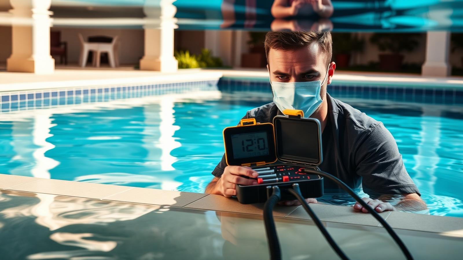A pool technician testing water chemistry beside an outdoor swimming pool