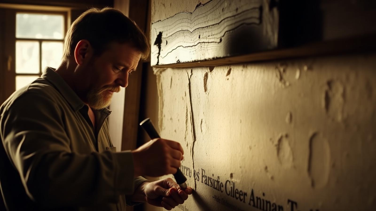 A craftsperson hand-carving lettering into a stone panel