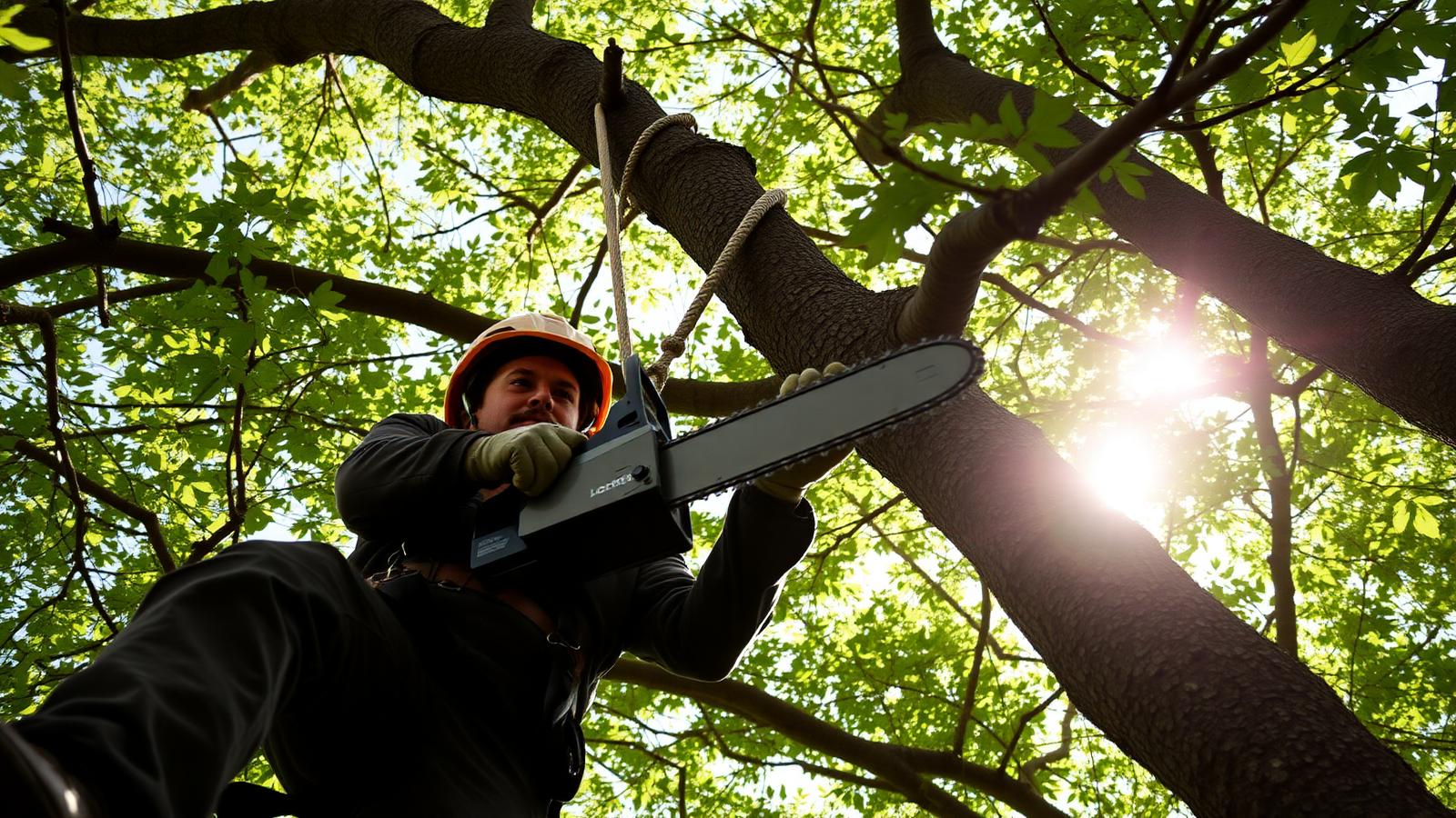 A tree surgeon roped into a tree, cutting a limb with a chainsaw